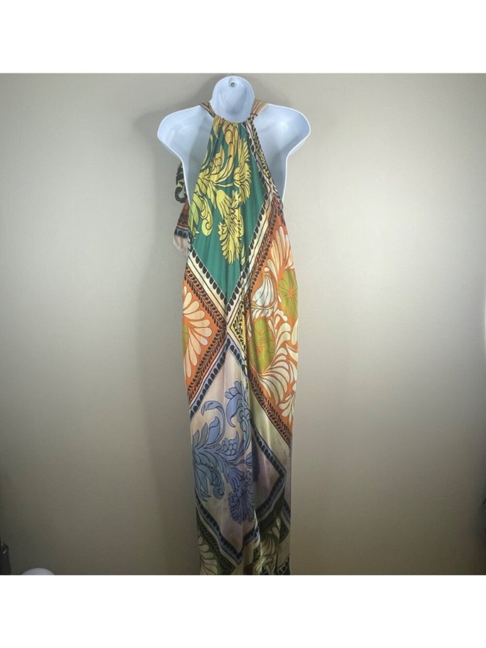 Zara Maxi Dress Womens XLarge Resort Halter Satin Silky Exotic Mixed Print Long - Picture 3 of 16